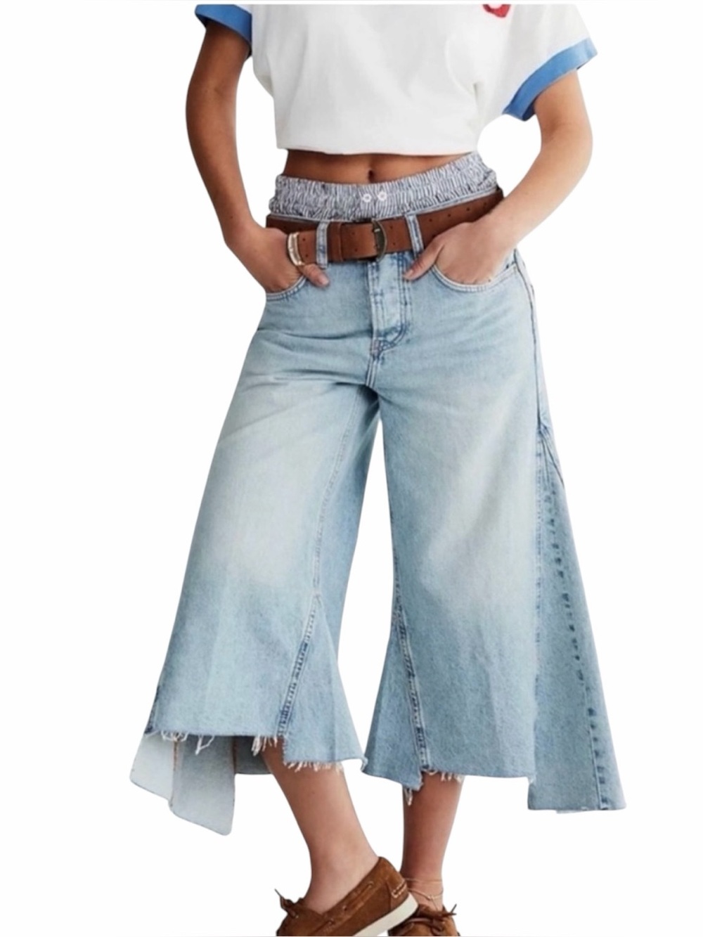 Free People We The Free Ripple Wide Leg Pieced Cropped Denim Jeans size 26